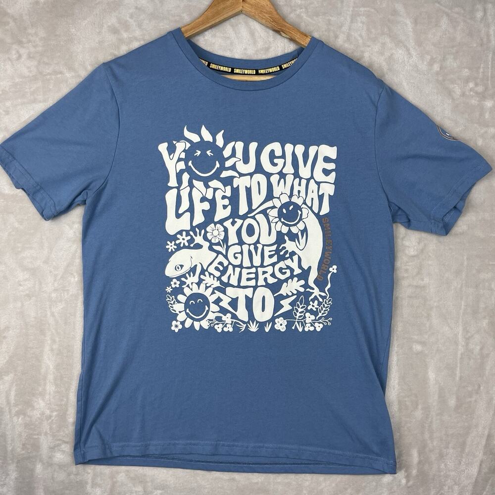 Smiley World T Shirt Men's Large Blue Tee Energy Life 90s Y2K Skatercore